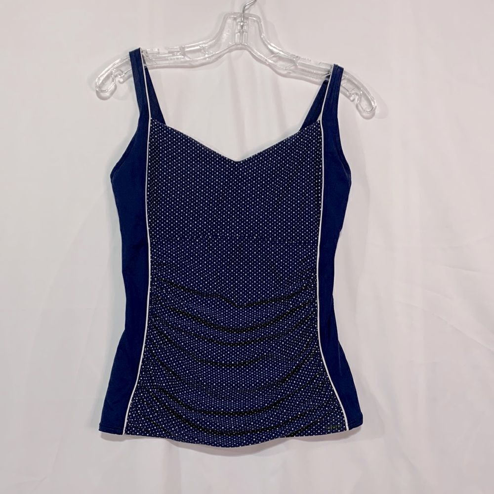 AZURA Navy BlueTankini polkadot inset white piping ruching at tummy women’s sz 6